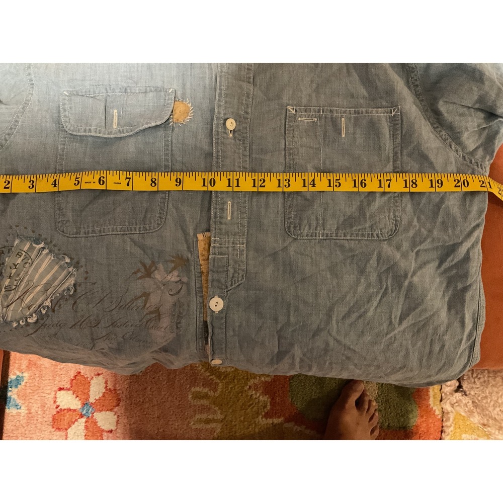 Polo Ralph Lauren Mens Blue Chambray Distressed Patchwork Button Down Shirt S - Picture 7 of 7
